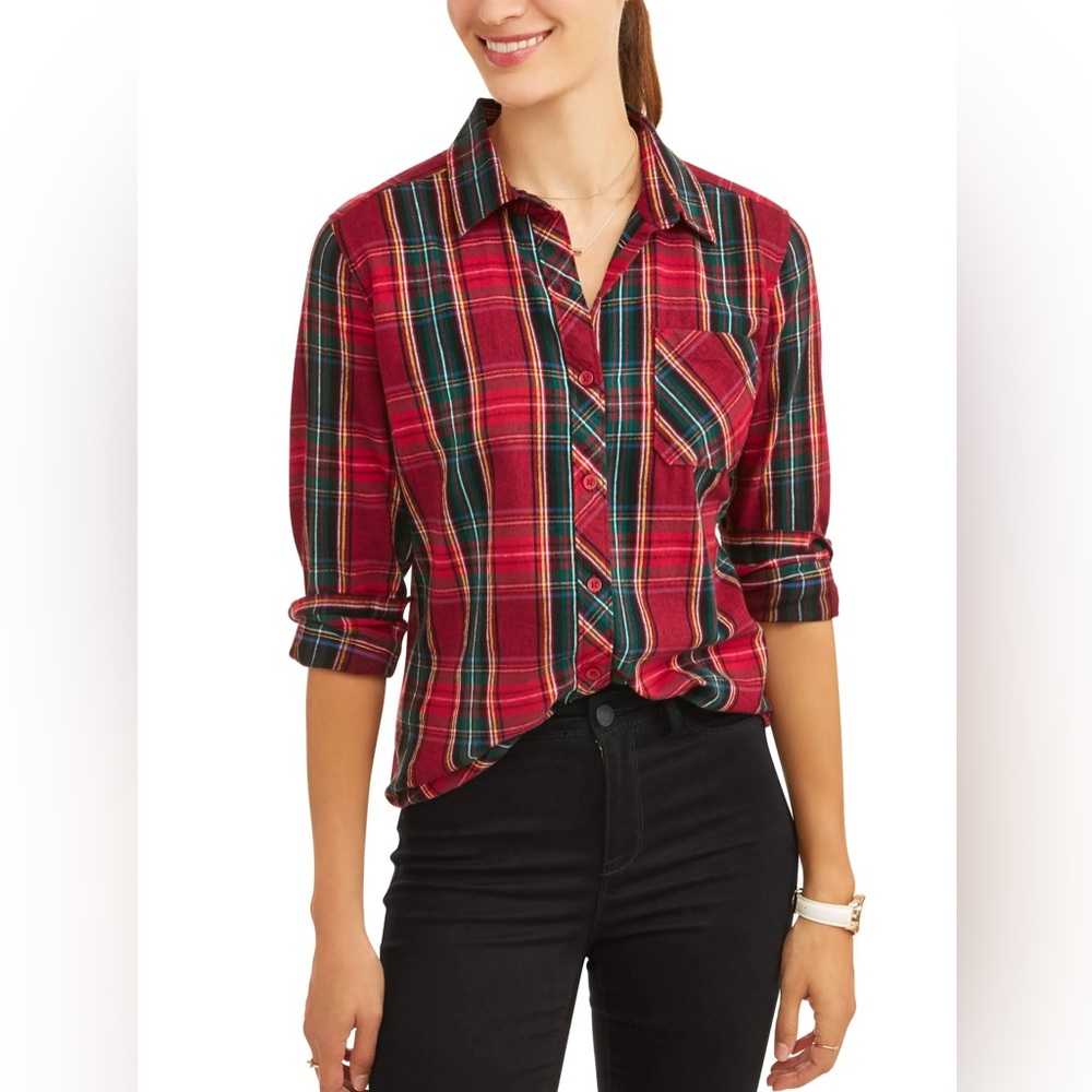 Time and Tru Women's Brushed Cotton Plaid Shirt‎ size M
